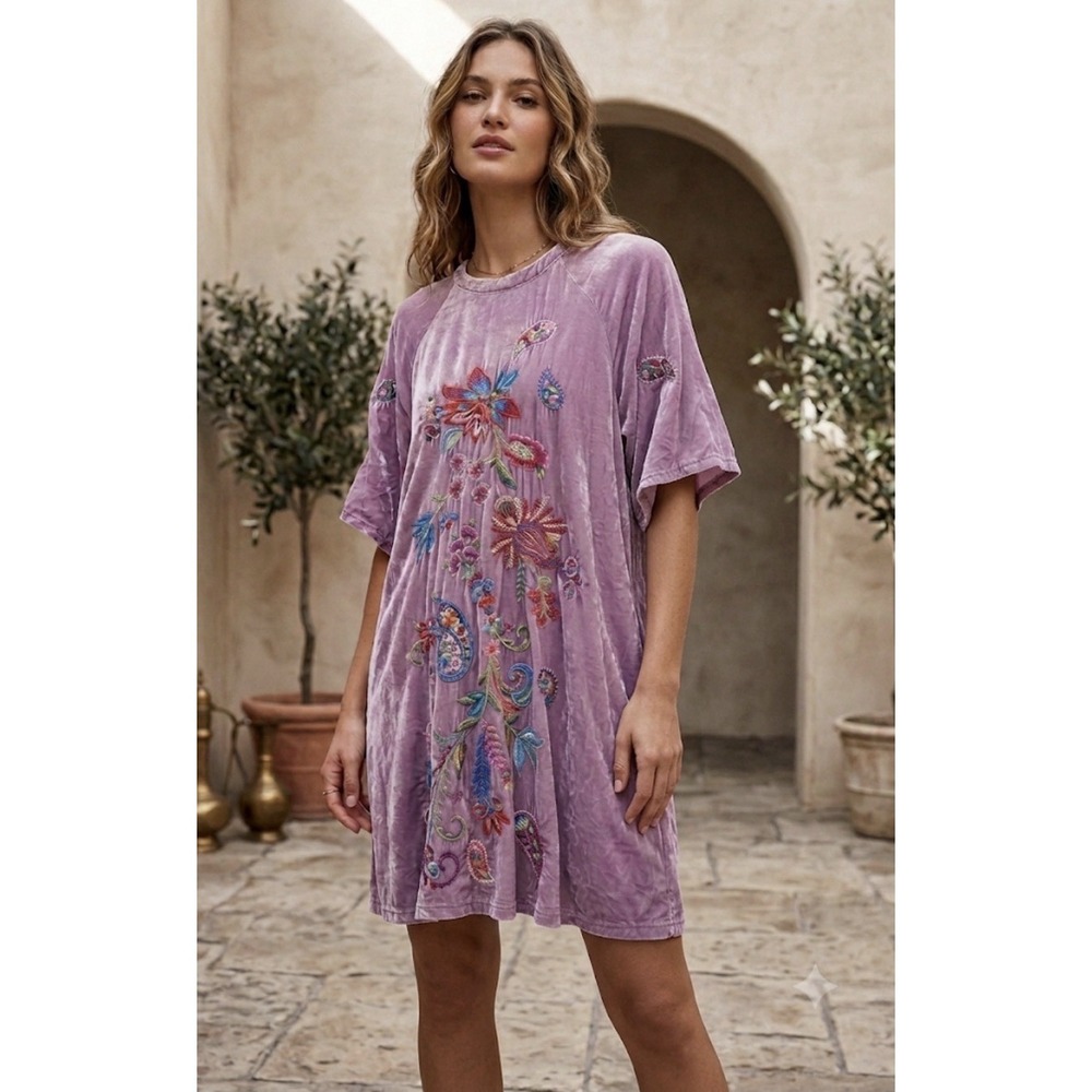 Johnny Was  Velvet Flutter Sleeve Raglan Karime Embroidered‎ Dress Lavender